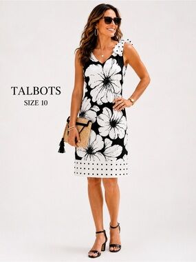 Talbots Bow Shoulder Floral Shift Dress Size 10 Black White Polka Dot Like New